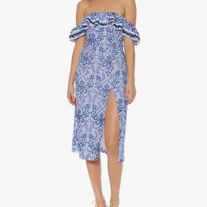 Red Carter Off-Shoulder Blue Floral Dress Midi Slit